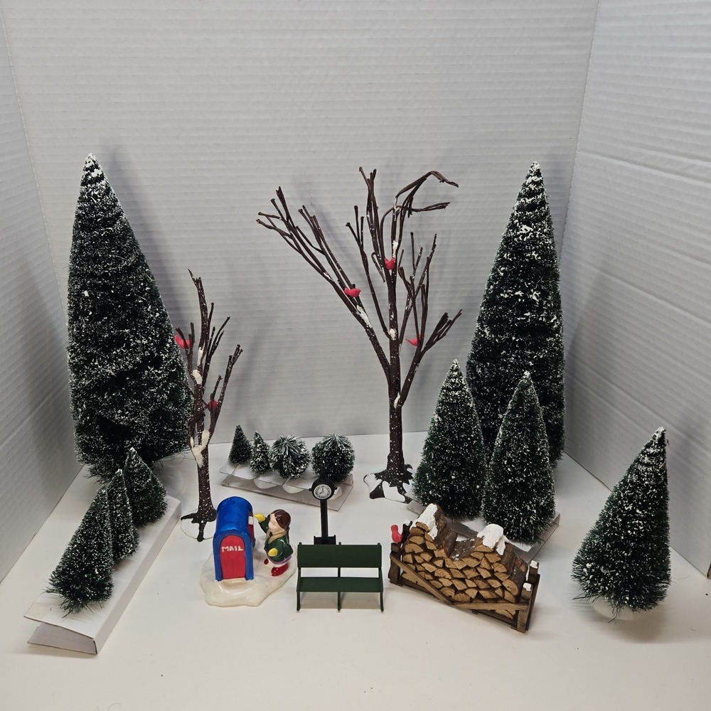 Vtg Dept 56 Village Lot Frosted Bare Branch Trees & Xmas Trees Wood Pile Topiary